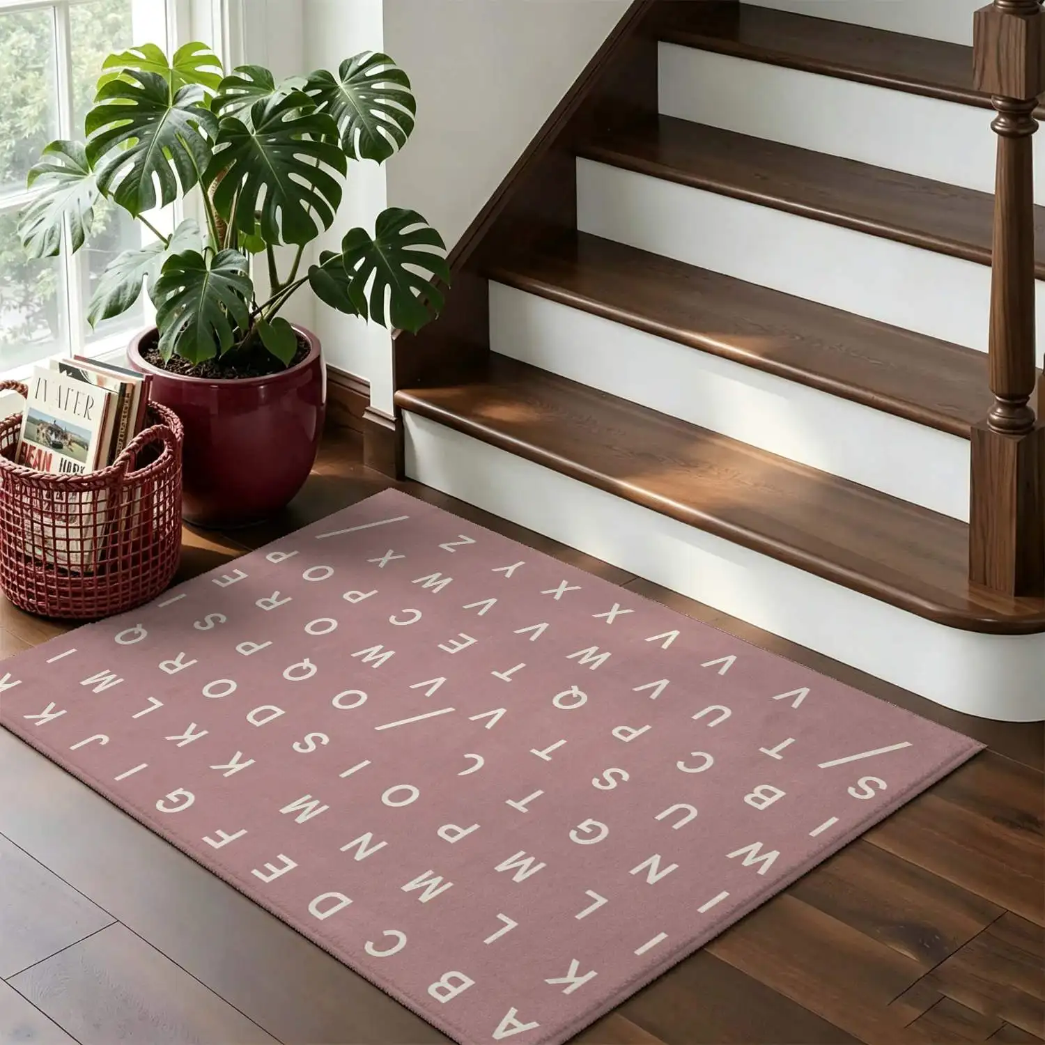 1Pc 2D Printed Pink Letter Nordic/Instagram-Style Modern Minimalist Geometric Striped Carpet, Multi-Size Machine-Washable Home Decor Floor Mat for Entryway, Dining Room, Foyer, Bedroom, Living Room