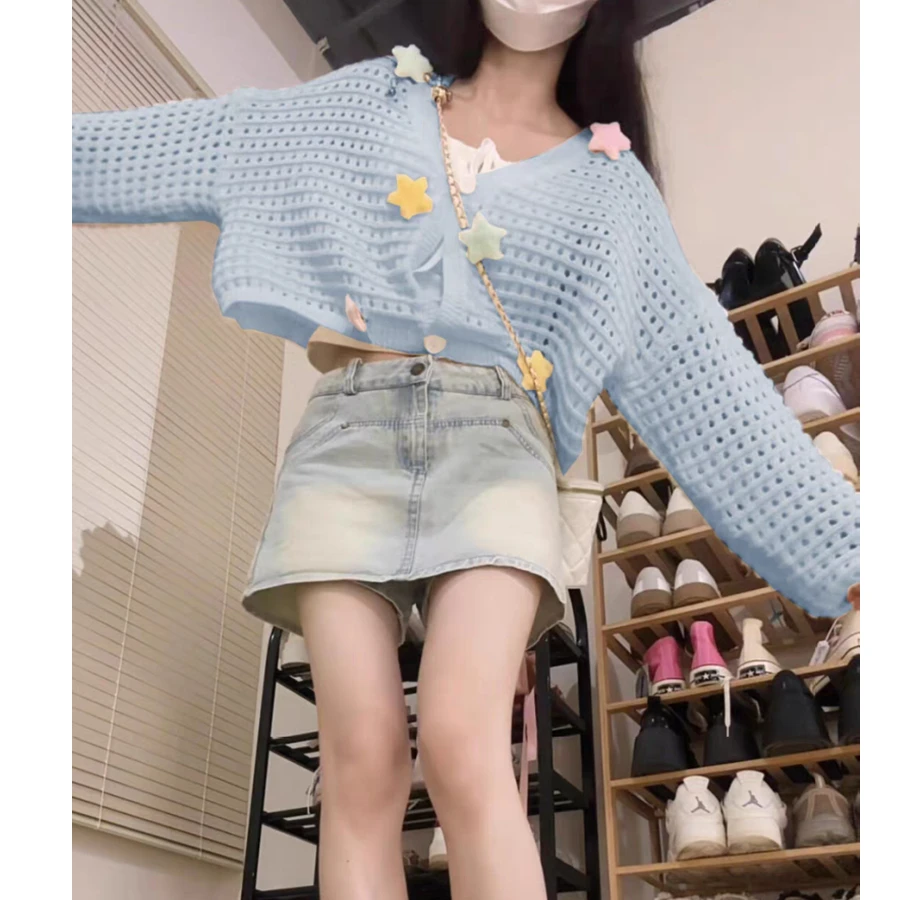 Autumn Winter New Chic Womrn V-neck Sweater Long-sleeved Top Cropped Cardigan Kawaii  Knitted Cardigan  Y2k