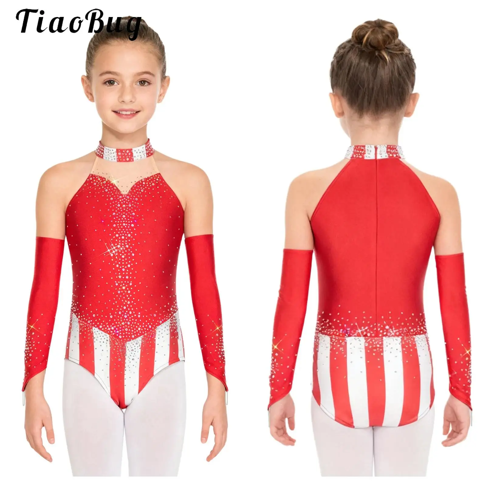 

Rhinestones Ballet Gymnastics Leotard and Oversleeves Dance Outfits for Kids Girl Circus Christmas Performance Carnival Bodysuit