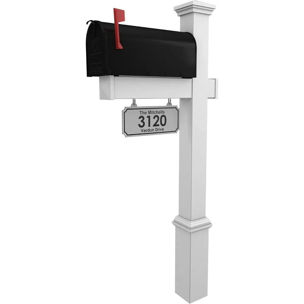 Vinyl Mailbox Post System - Includes Black Steel Mailbox and Custom Address Plate (White) modern mailbox