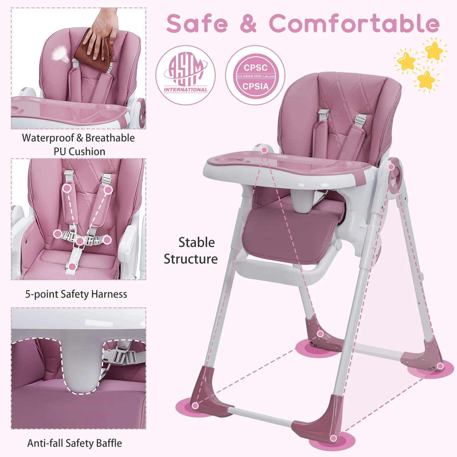 Baby High Chair, Multifunctional Infant High Chairs with Adjustable Height and Recline, Foldable High Chair for Babies