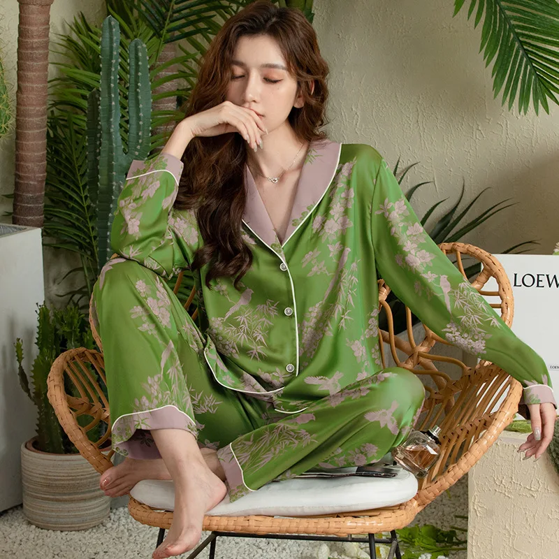 Spring and Summer Premium Green Fashion Lapel Pajamas Loungewear Set Ladies Long Sleeve Long Pants Pajamas Loungewear Set