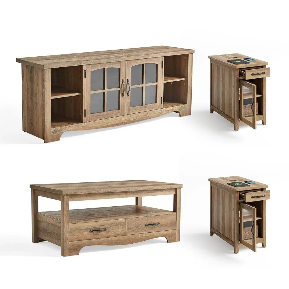 

Living Room Table Sets 4 Piece with TV Stand, Farmhouse TV Stand for 65 Inch TV, Coffee Table with Drawers, Two End Table with