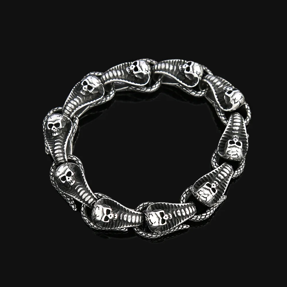 Stainless Steel Punk Bracelet for Men Skull Snake Adjustable Biker Jewelry Gift for Boyfriend Goth、Motorcycle Fans, Anti-Tarnish