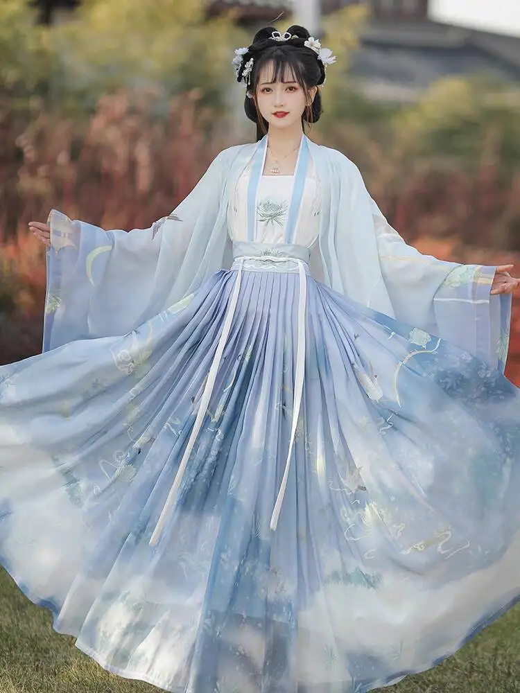 

New Hanfu {Hanjiang Snow} Chinese Style Daily Student Best Friend Show Print Two-tone Flared Skirt Summer Autumn Outfit