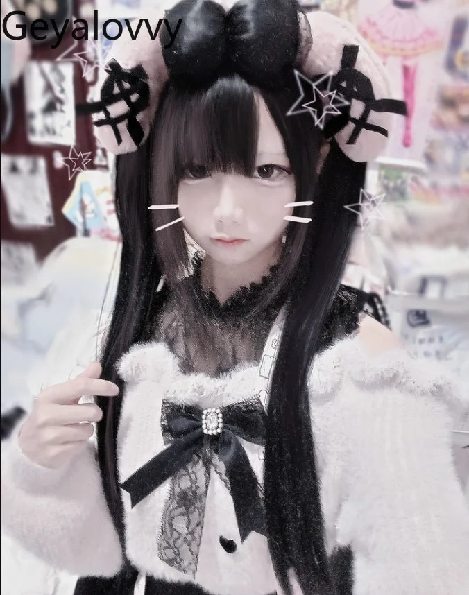 

Japanese Style Cute Girls Versatile Black Sweater Autumn Winter Sweet Fluffy Off-Shoulder Lace Slim Fit Short Knitted Pullover