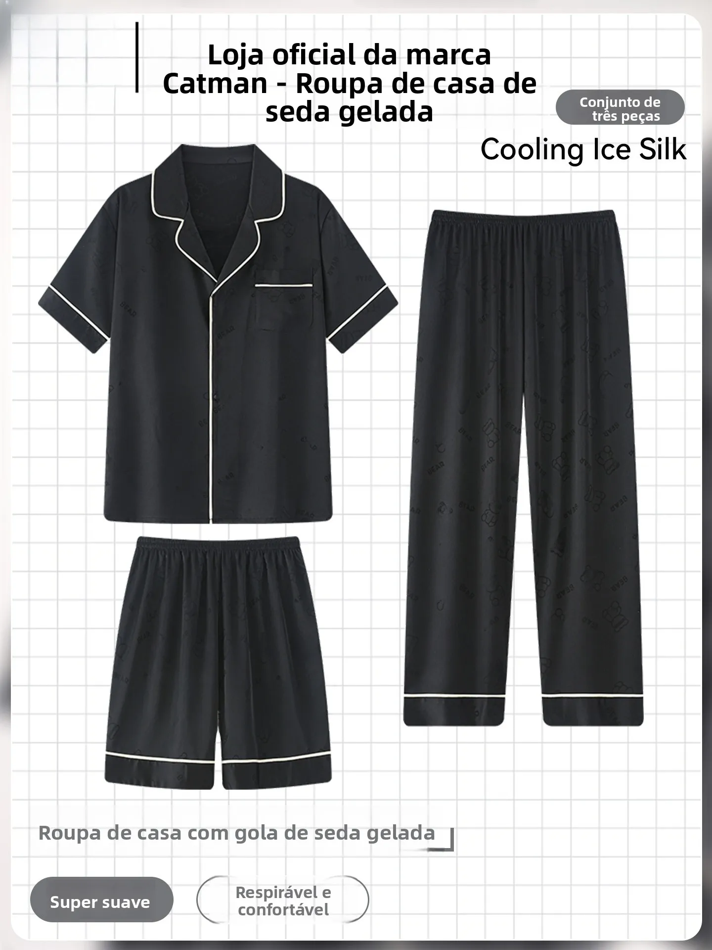 men's-ice-silk-sleepwear-thin-short-sleeve-long-pants-home-clothes-three-piece-set-summer-breathable-comfortable-polyester-fiber