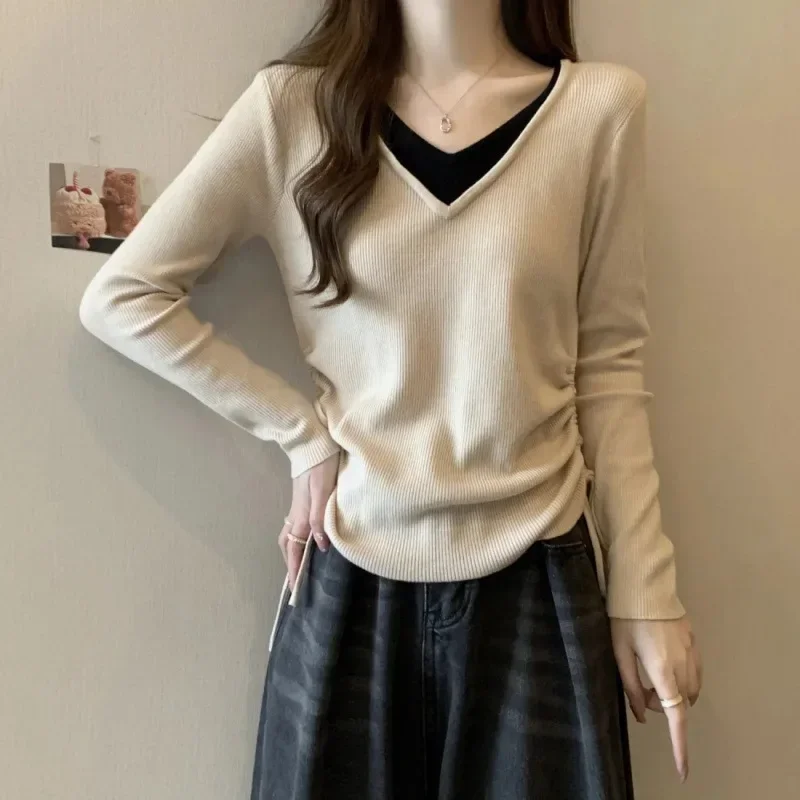 

Quilted Slimming Design Sensibility Autumn/winter Versatile Women's V-neck Knitted Top Two-piece Illusion
