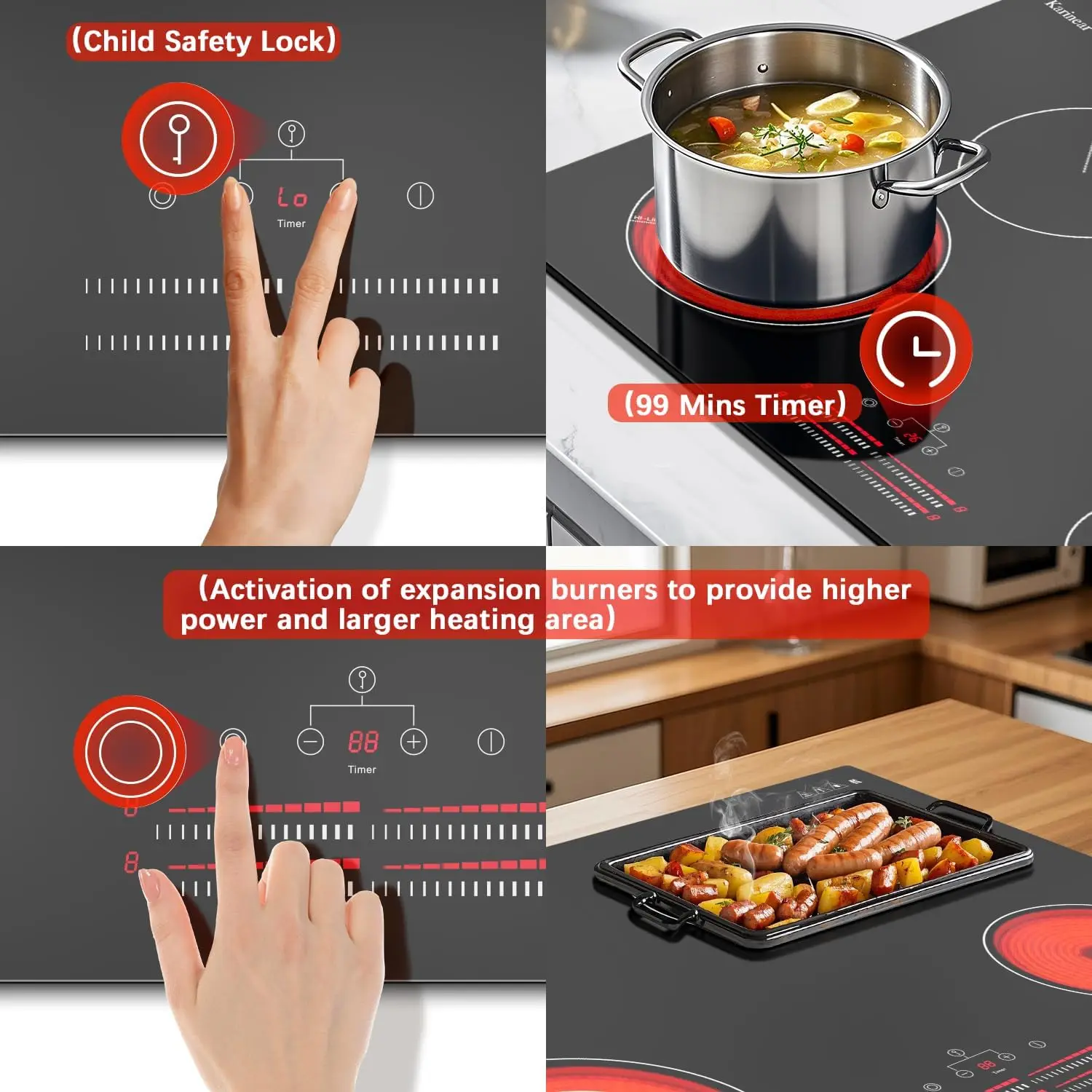 Karinear Placa vitrocerámica 4 fuegos 77 cm, Control deslizante, zona de expansión de doble bucle, 9 niveles de potencia, temporizador, cierres de seguridad