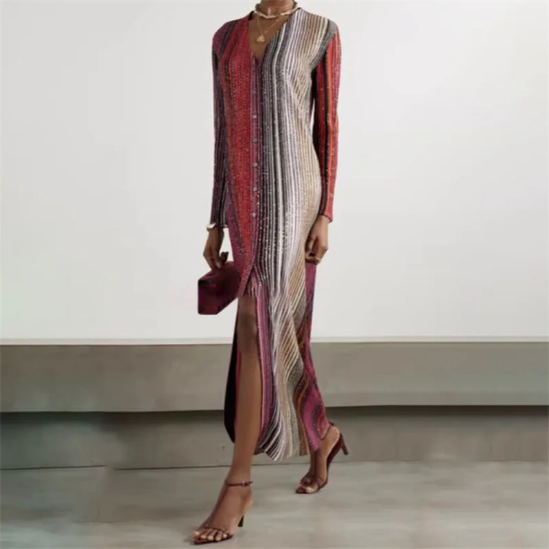 

Women's dress New elastic knitted V-neck long dress for summer 2025 Single breasted midi dresses Metal yarn blend party dresses