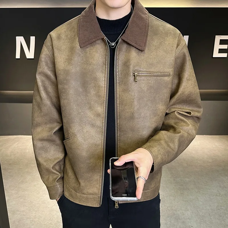 Vintage American Style New Fashion Men Turn-down Collar Zipper Casual Trendy Faux Leather Jackets Male Simple Basic Daily Coats