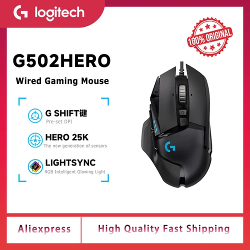 Imagen 1 del producto Ratón para juegos por cable Logitech G502 HERO Original, ratón de programación para juegos de 25600DPI, sincronización de luz ajustable para ratón Gamer