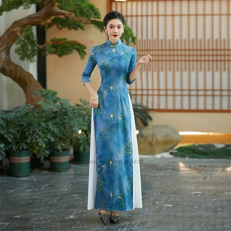 

2024 vietnam traditional dress improved qipao national flower print vietnam ao dai dress oriental banquet evening qipao dress