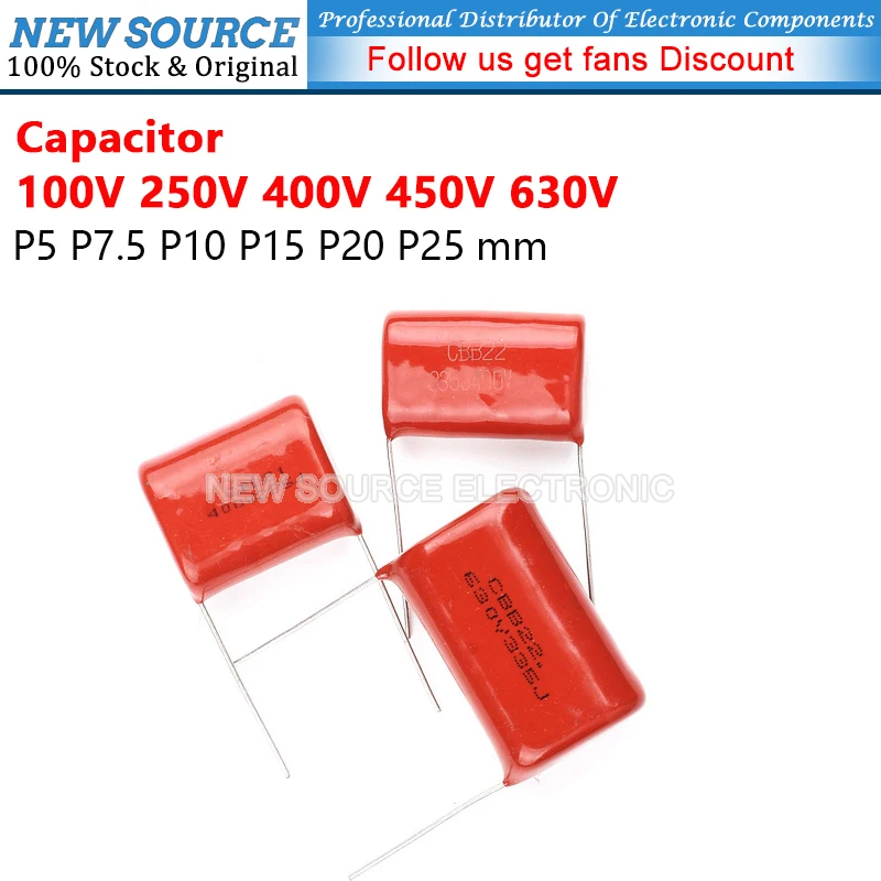 (10 peças) Capacitor CBB22 CBB21 100V 250V 400V 450V 630V 0.1uf 4.7uf 2.2uf 1uf 104J 224J 103J 155J 222J P5 P7.5 P10 P15 P20 P25 mm