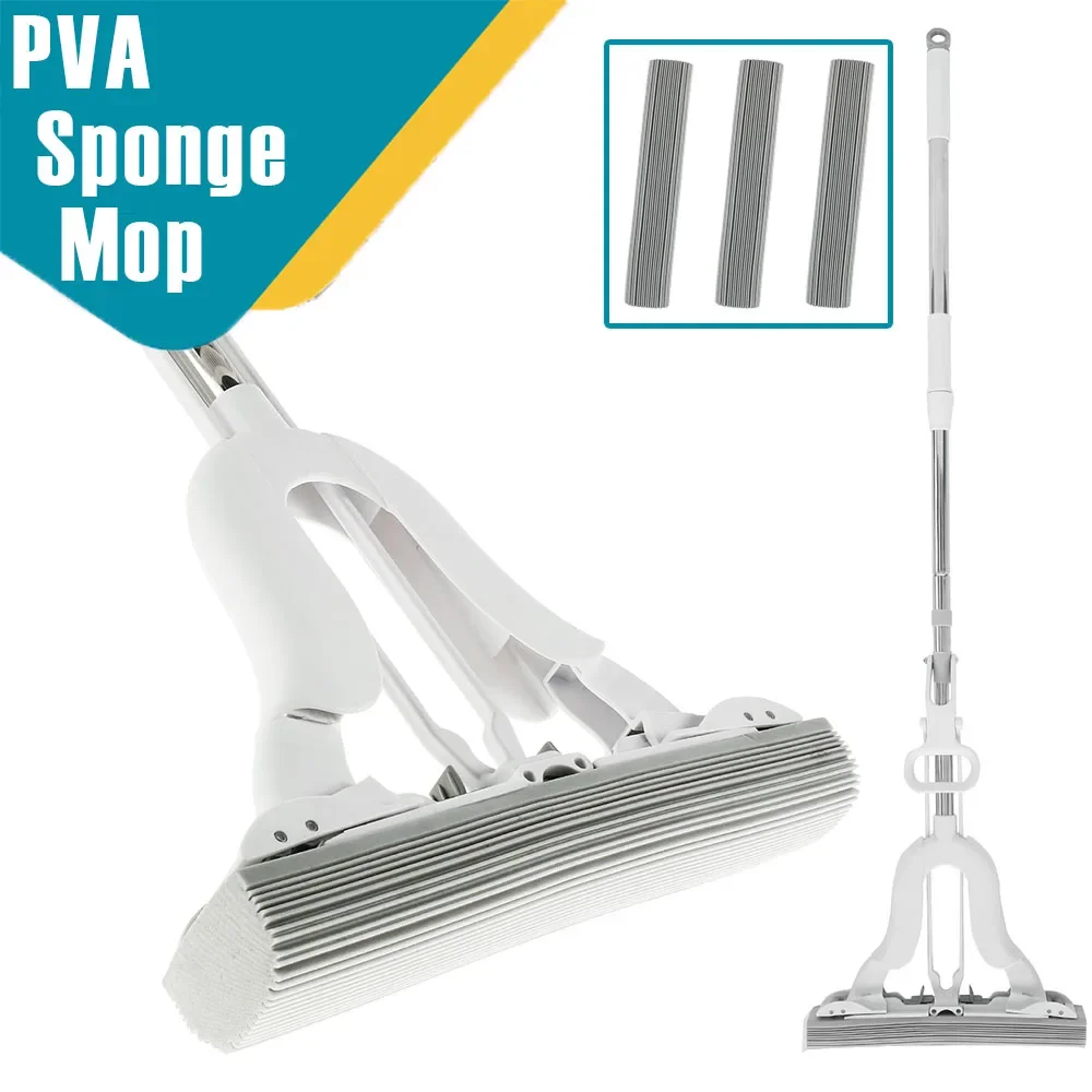 Mopa de Esponja PVA con Sistema de Autoescurrido, Mopa de Rodillo con Esponja Superabsorbente y Mango Ajustable, Herramientas de Limpieza para el Hogar