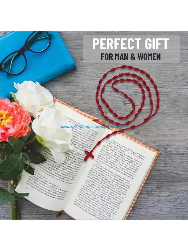 

E56A Unique Handwoven Crossing Pendant Rosary Beads Necklace Portable for Daily Wear
