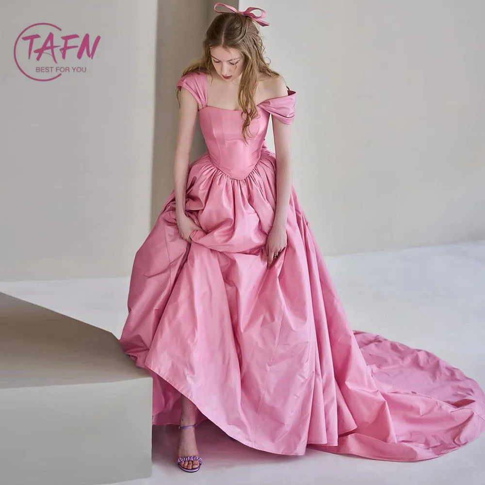 

TAFN Princess Pink Wedding Dressses A-line Off the Shoulder Sweep Train Bridal Gown Korea Photo Shoot Dresses Custom Made 웨딩드레스