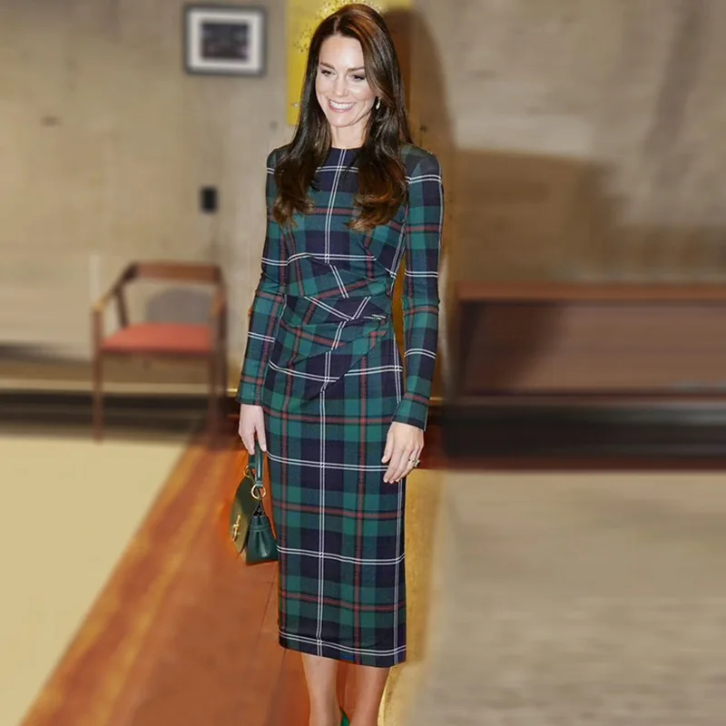 Kate Middleton Princess Plaid Dress Fashion O-Neck Women Long Sleeve Pleated Dresses 2186