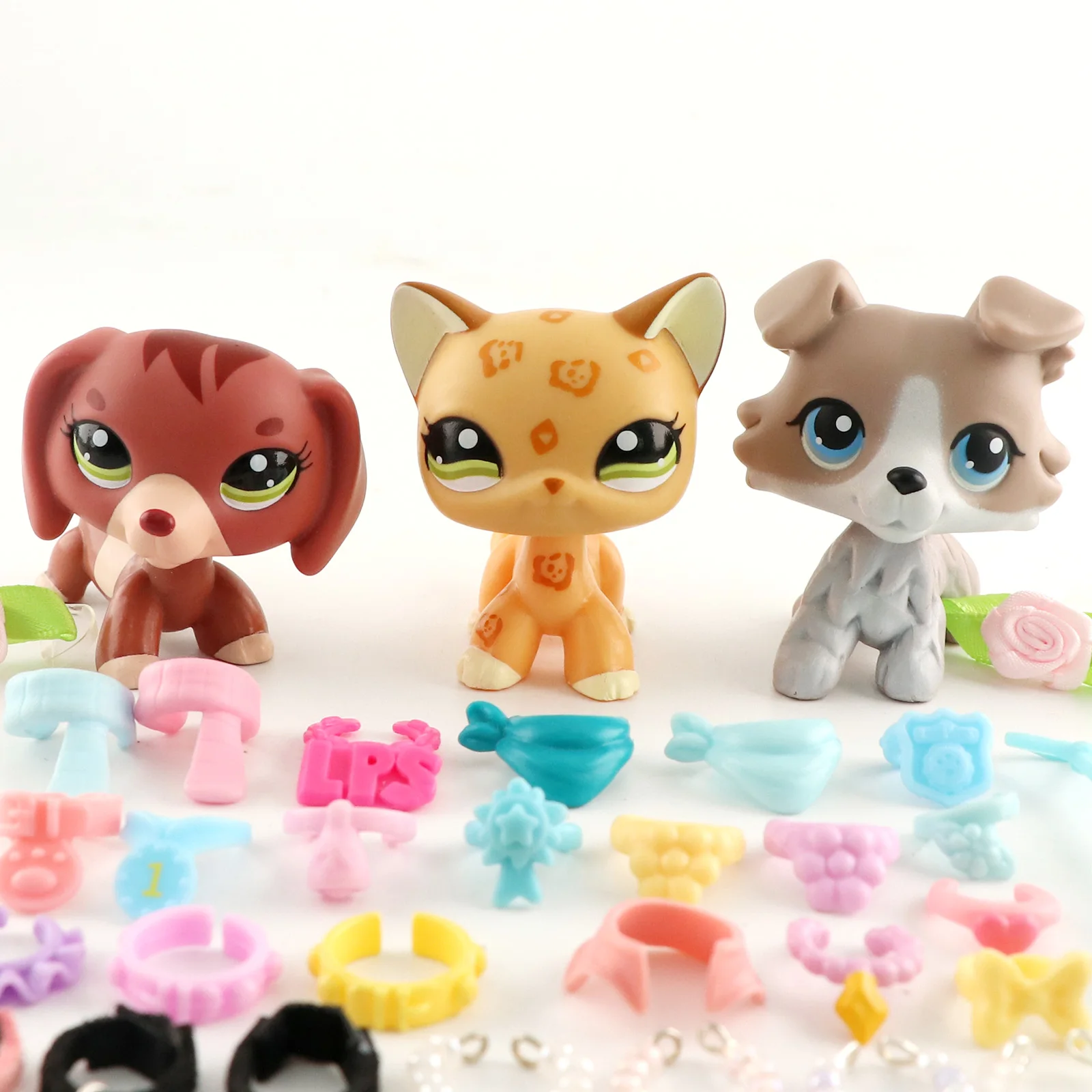 

3 pcs Minilpsshop Pet Shop Bobble Head Toys Dachshund # 3601 Shorthair Cat 1120 Collie 67 A 7 pcs Accessories Randomly for lps