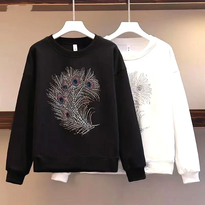 

Women Spring Autumn New Round Neck Sweatshirts Commuter Fashion Solid T-shirt Hot Drills Casual Warm Versatile Long Sleeve Tops