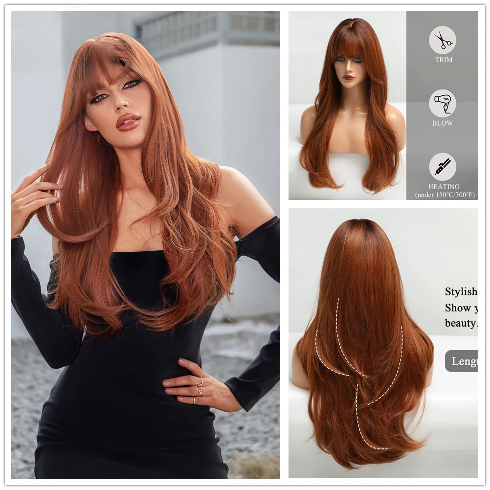 

Long Straight Synthetic Wigs for Women Red Brown Copper Ginger Wigs with Bangs