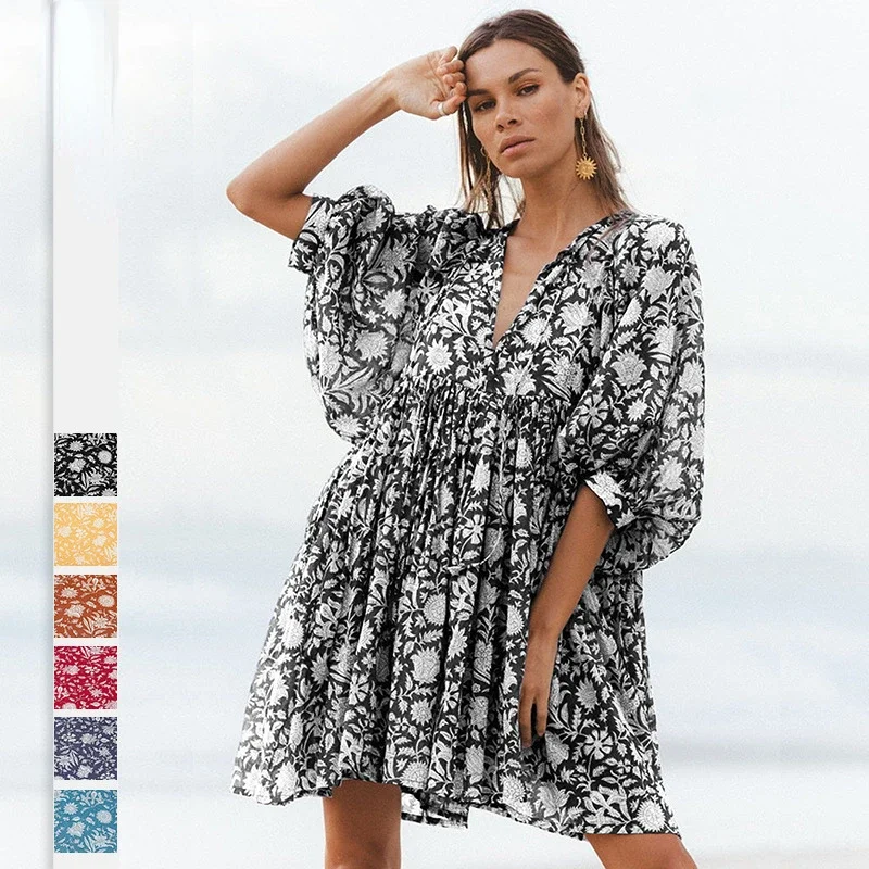 Slim Lace-up Mini Dress Bohemian Summer Dress for Women Seaside Holiday Beach Printing Half Sleeve V-Neck Women's Dress Cotton