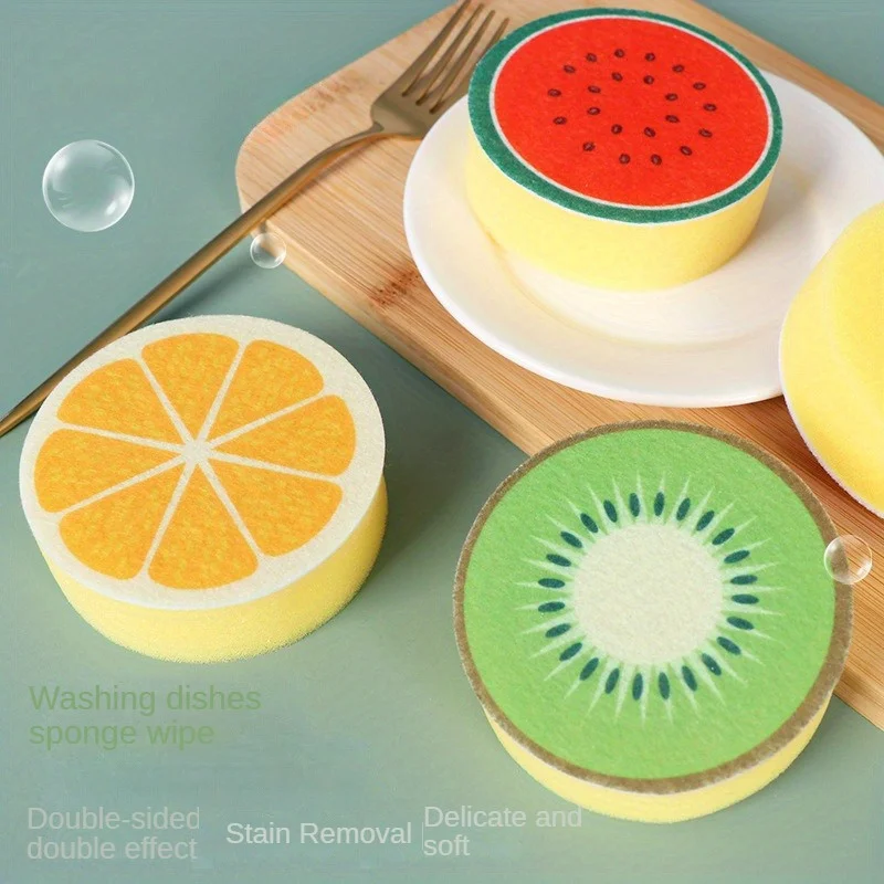 4pcs Fruit Design Kitchen Sponge Set, Double-Sided Non-Greasy for Dishes Sink, Durable Scrub & Soft Wash Pads