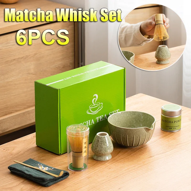 6PCS Ceramic Glaze Matcha Set Safe Bamboo Whisk Teaspoon Tea Indoor Beverage Shop Tea-making Tools Accessories Birthday Gifts