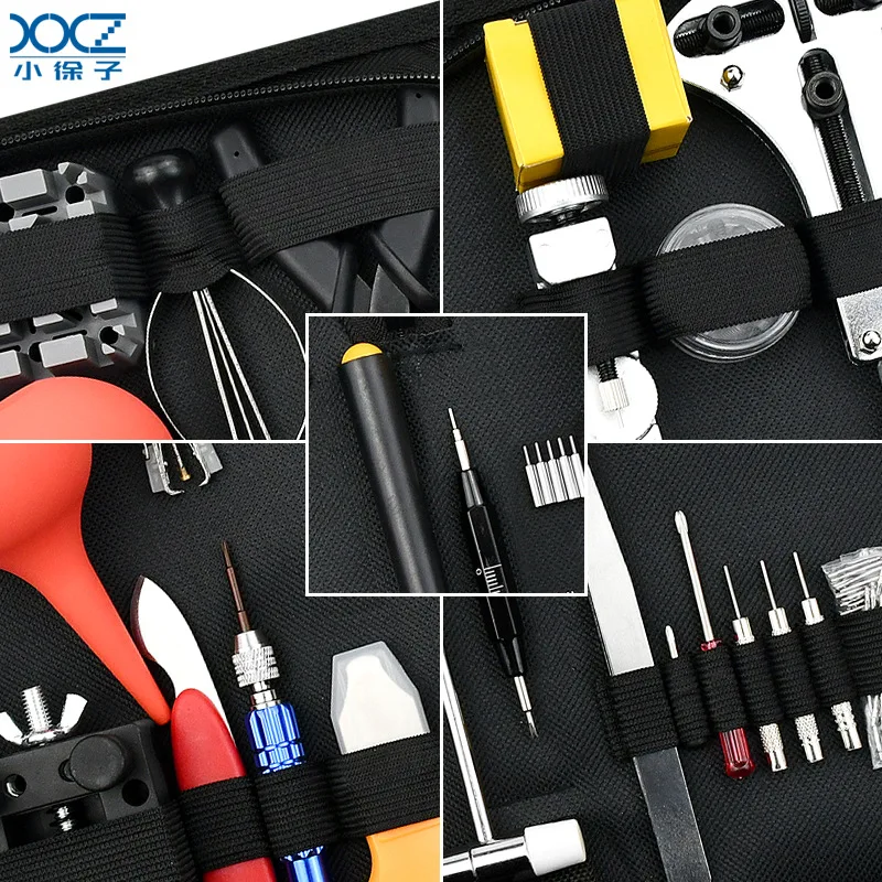 مجموعة أدوات إصلاح الساعة 153 مع فتح الغطاء الخلفي/استبدال الحزام، بما في ذلك كرة نفخ/عدسة مكبرة/رأس دفعة رقمية