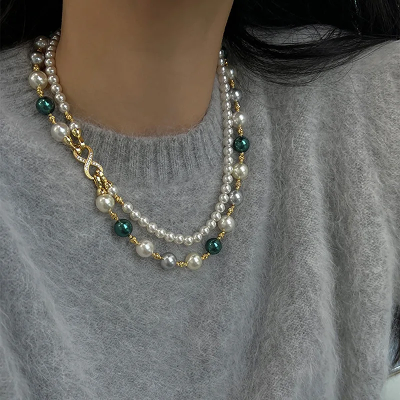 

Minar Elegant Contrast Color Imitation Pearl Beaded Necklace for Women Gold Plated Alloy Twist Clasp Double Layers Sweater Chain