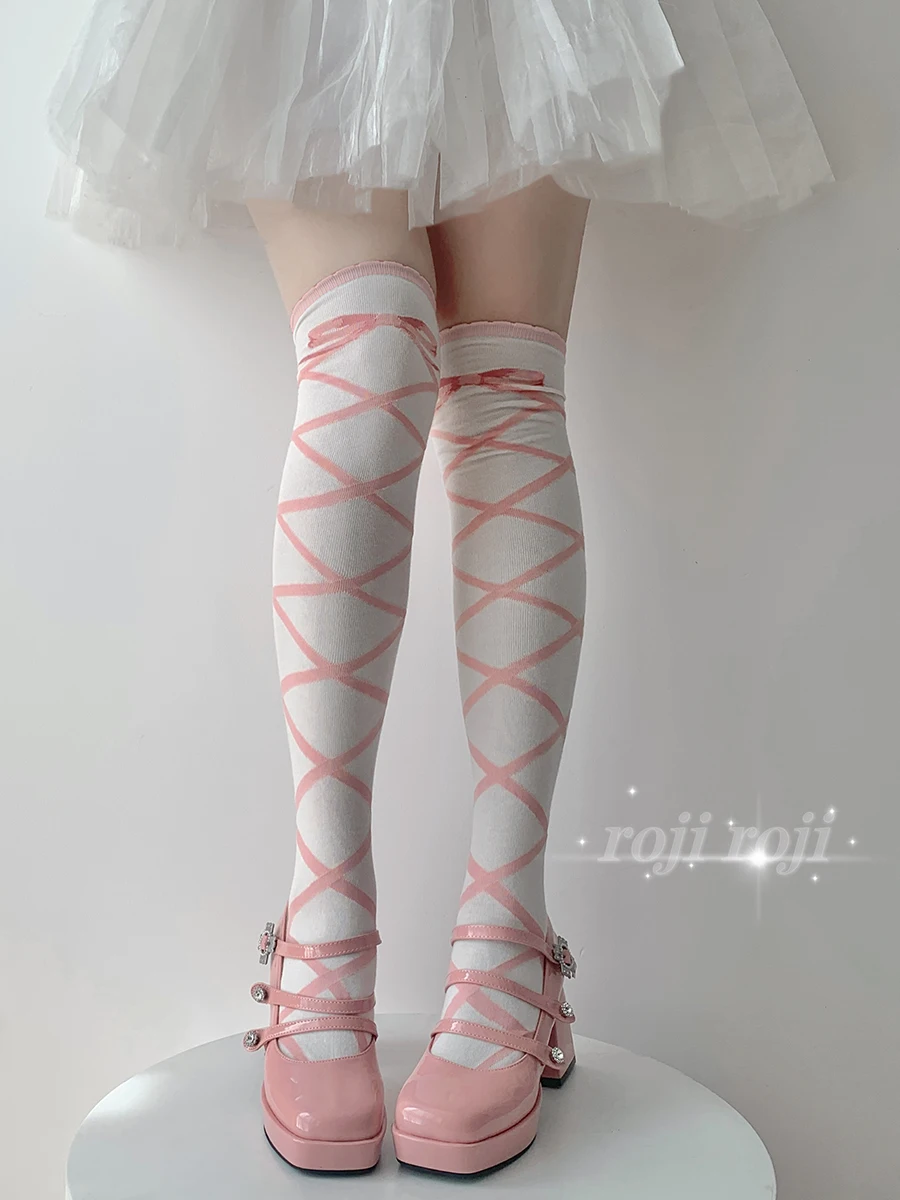 Japanese Interwoven Strap Print Lolita Stockings Summer New Fashion JK Elegant Slimming Long Hosiery Women Thigh High Stockings