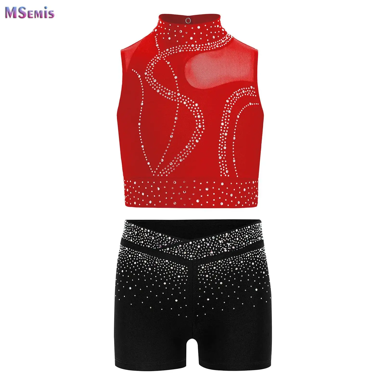 

Kids Girls Gymnastics Ballet Dance Costumes Sportwear Shiny Rhinestones Sleeveless Keyhole Back Mesh Patchwork Crop Top+Shorts
