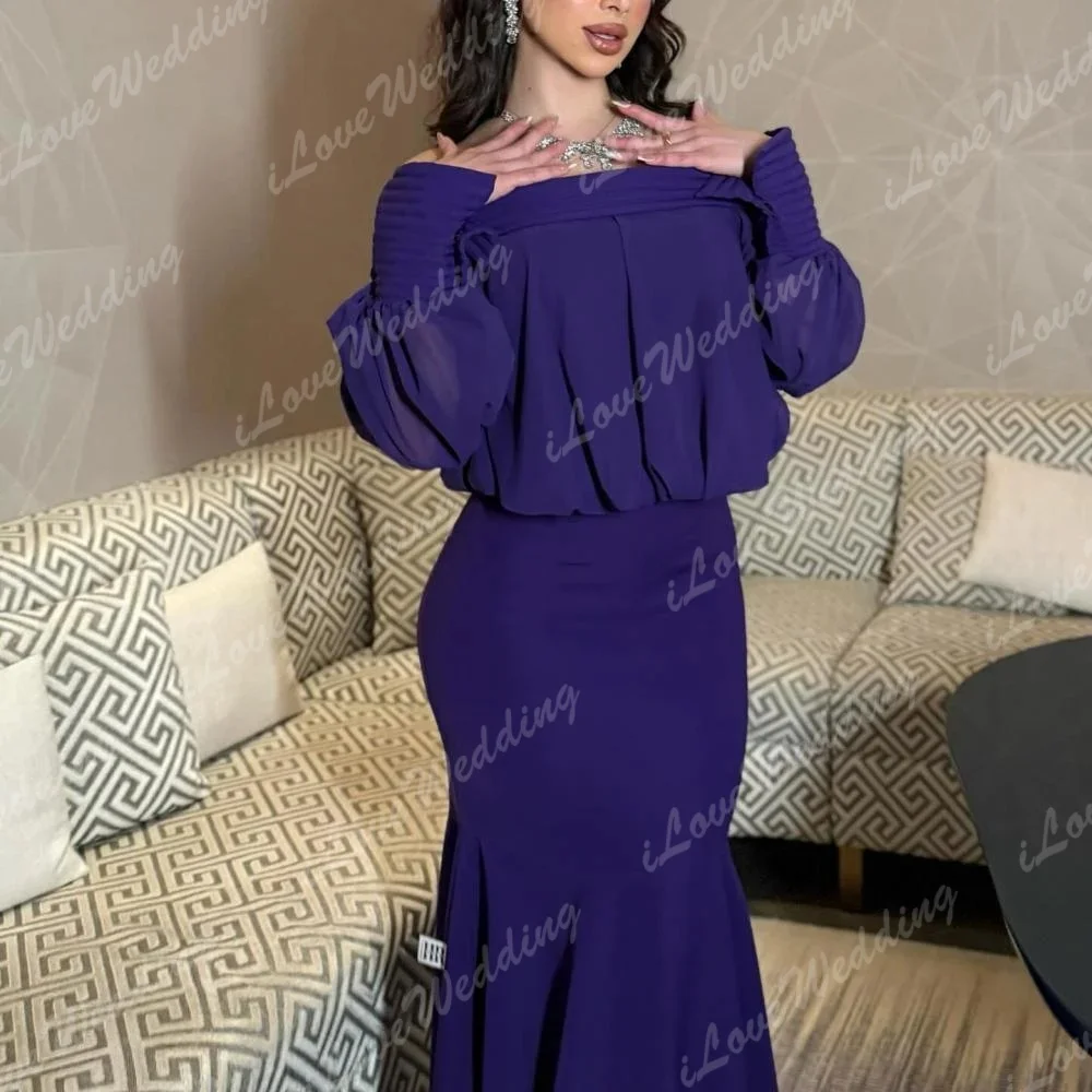 Mermaid Prom Dresses Ankle-Length Off Shoulder Full Sleeve Evening Dress Fashion Customized Pleat Simple Draped Elegant Gowns