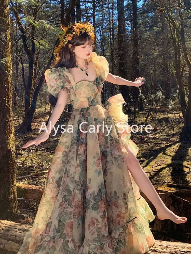 Ruffles Floral Long Fairy Dresses Women 2023 Summer Elegant Party Sweet Princess Dress Female Fashion Korean Split Dress Casual