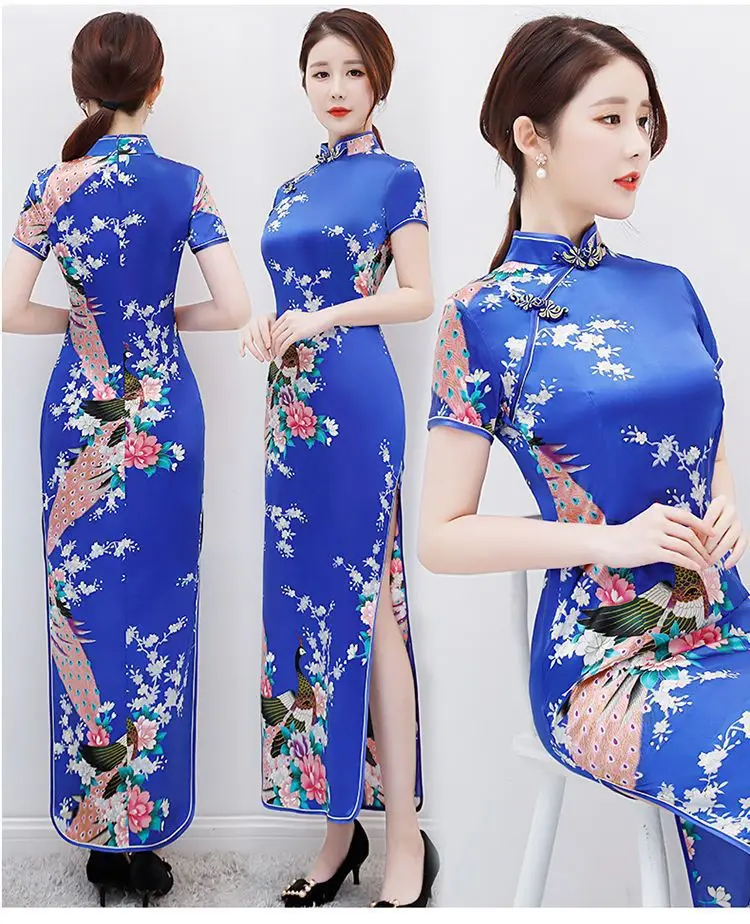 

Plus Size 3Xl4Xl5Xl6Xl Cheongsam Print Flower Qipao Women Elegant Chinese Style Dress Long Short Sleeve Vestidos Satin Qipaos