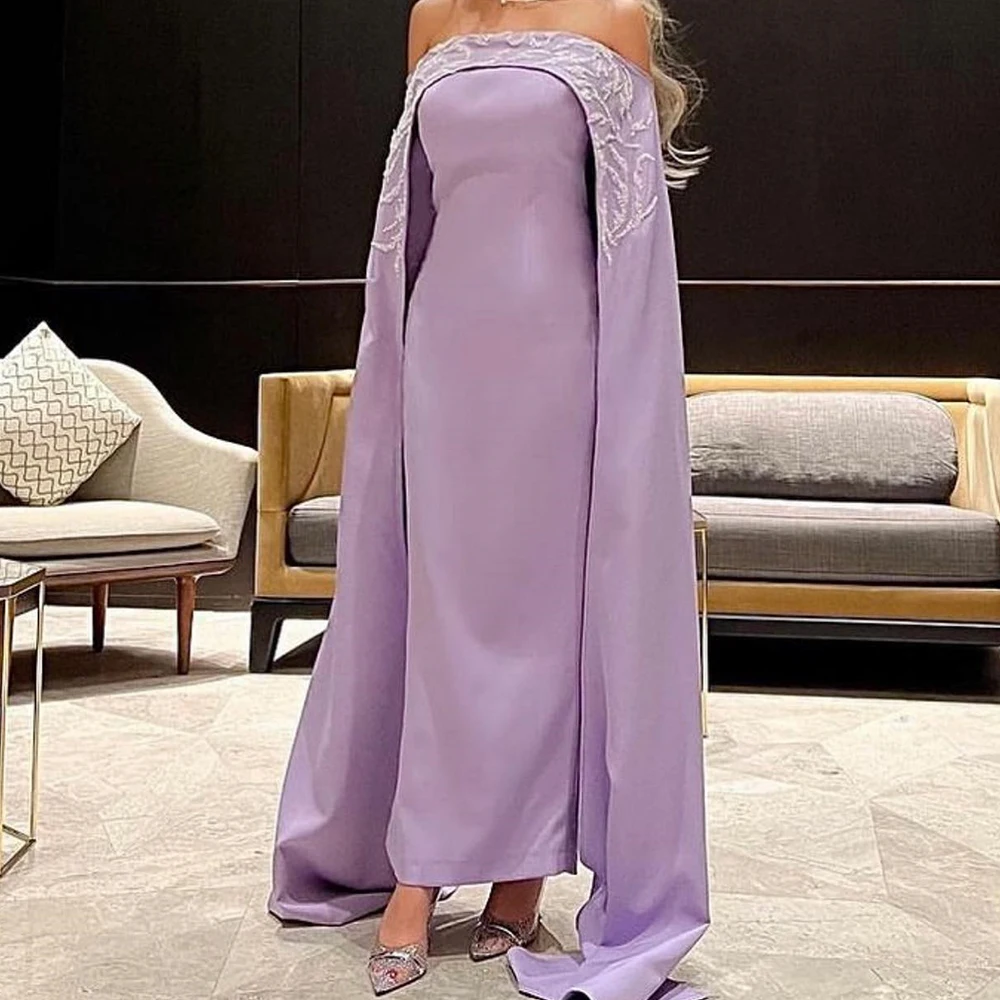 

Customized Classic Back Slit Strapless Off the Shoulder Watteau Train Evening Dress Graceful Straight Satin Purple Party Gown