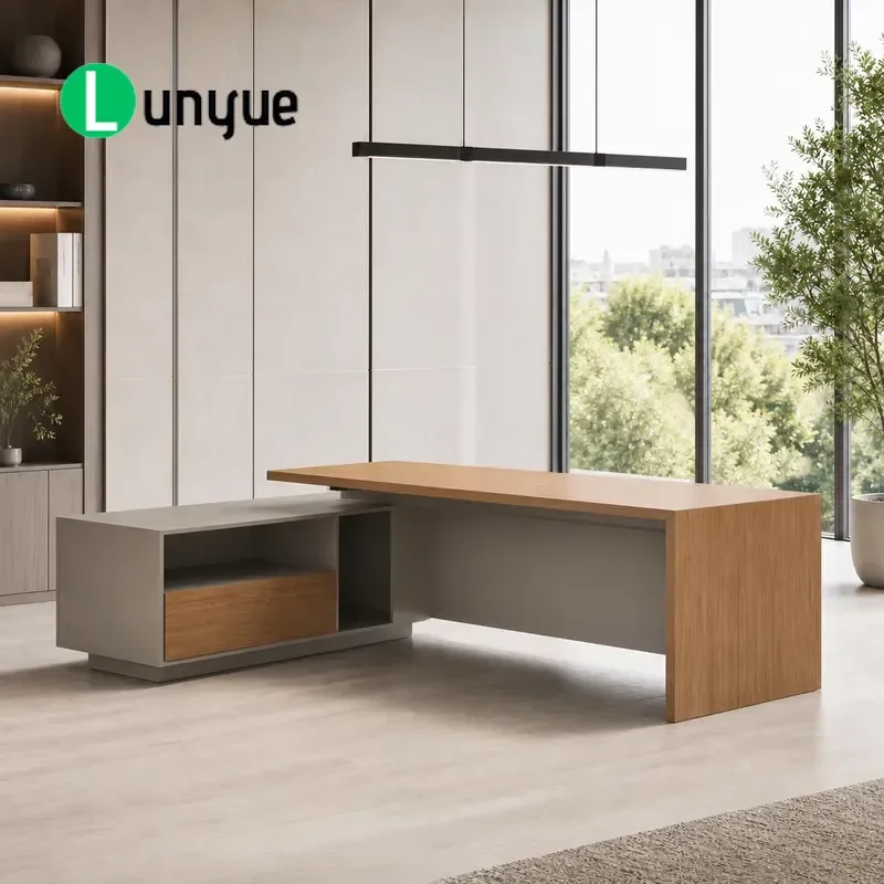 Customizable Eco-Friendly Durable Modern Large Wooden Desk with Designed Panels and Side Lockers for Senior Management Office