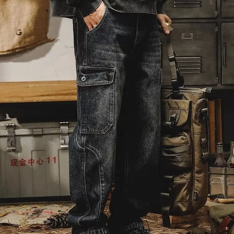 Retro Tooling Jeans Overalls Men's Straight Loose Large Size Straight Autumn Winter New 2025 Washed Cargo Baggy Pants Man