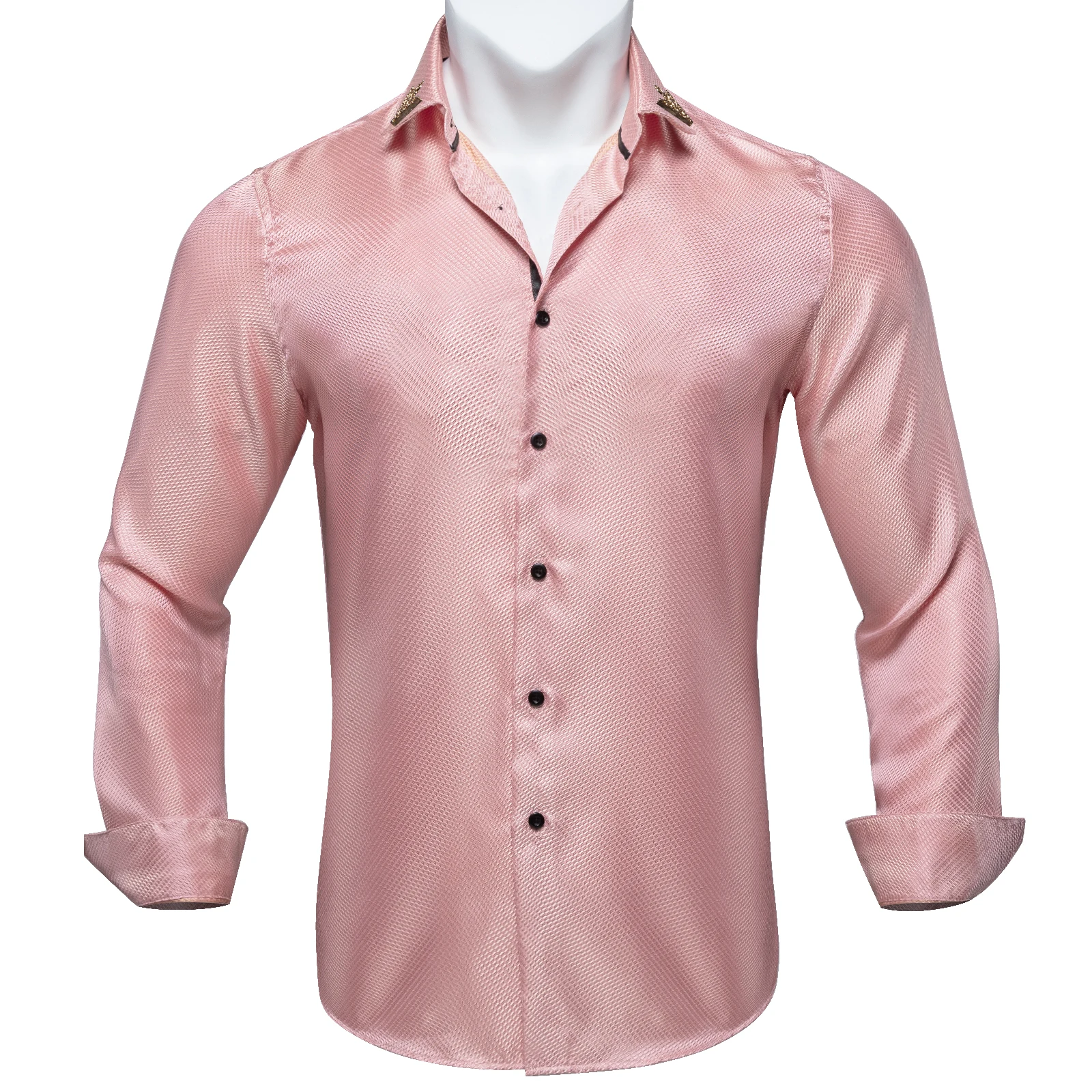 

Pink Wedding Groom Shirt For Man Solid Luxury Men Shirts High Quailty Pinky Party Causal Long Sleeves Male Tops With Collar Pin