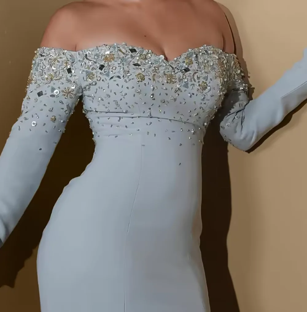 Op maat gemaakte A-lijn avondjurken Vloerlengte Off-the-shoulder galajurk met volledige mouwen Mode gedrapeerde feestjurk met lovertjes en kristallen