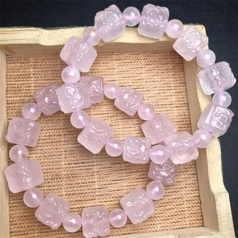 13MM Natural Rose Quartz Peony Cube Bracelet Handmade Crystal Quartz Jewelry Stretch Bangle Children Birthday Gift 1PCS