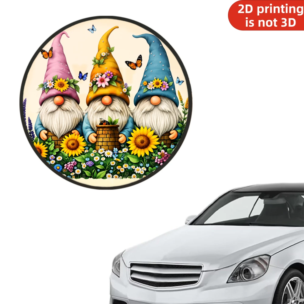 1pc Steering Wheel Sunshade Cover, 2D FlatThree Gnomes With Flowers And Butterflies In Garden Scene, Summer Car Essential