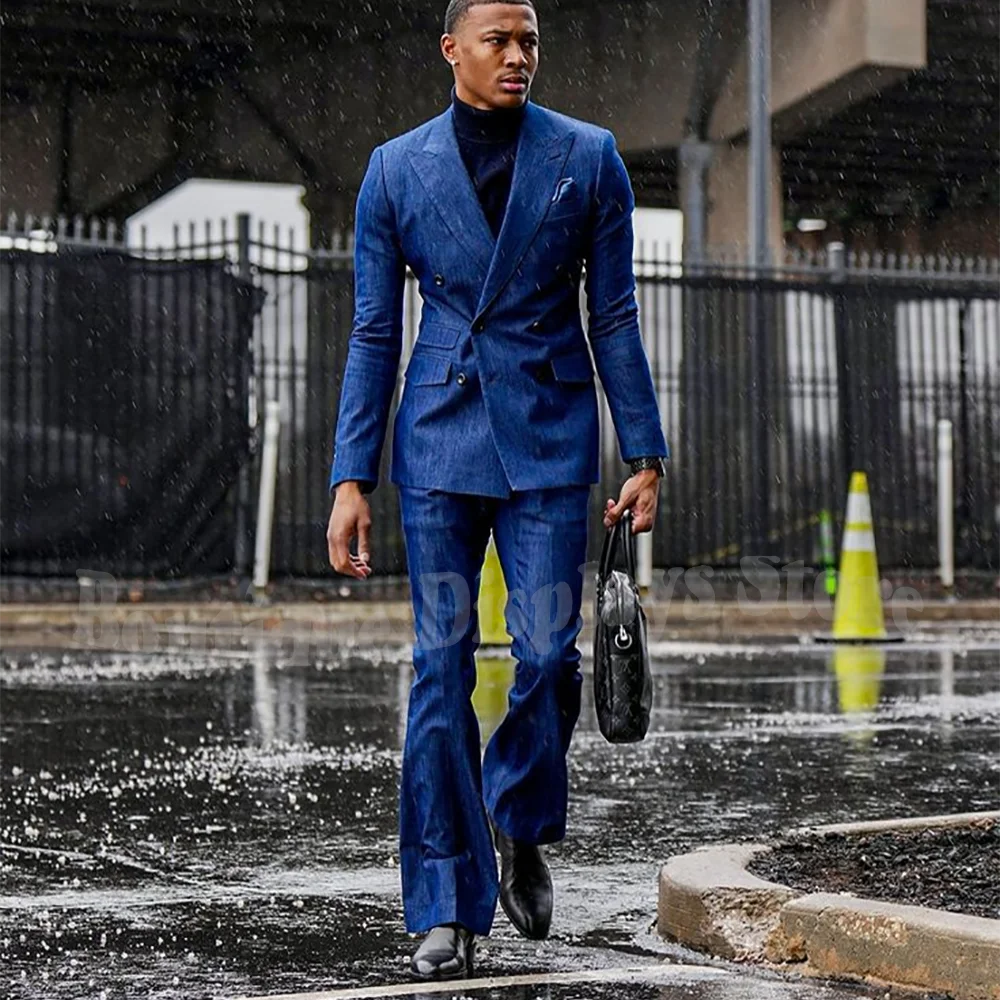 

Высококачественный джинсовый костюм для мужчин, элегантный двубортный костюм с острым лацканом спереди, повседневный повседневный комплект из двух предметов