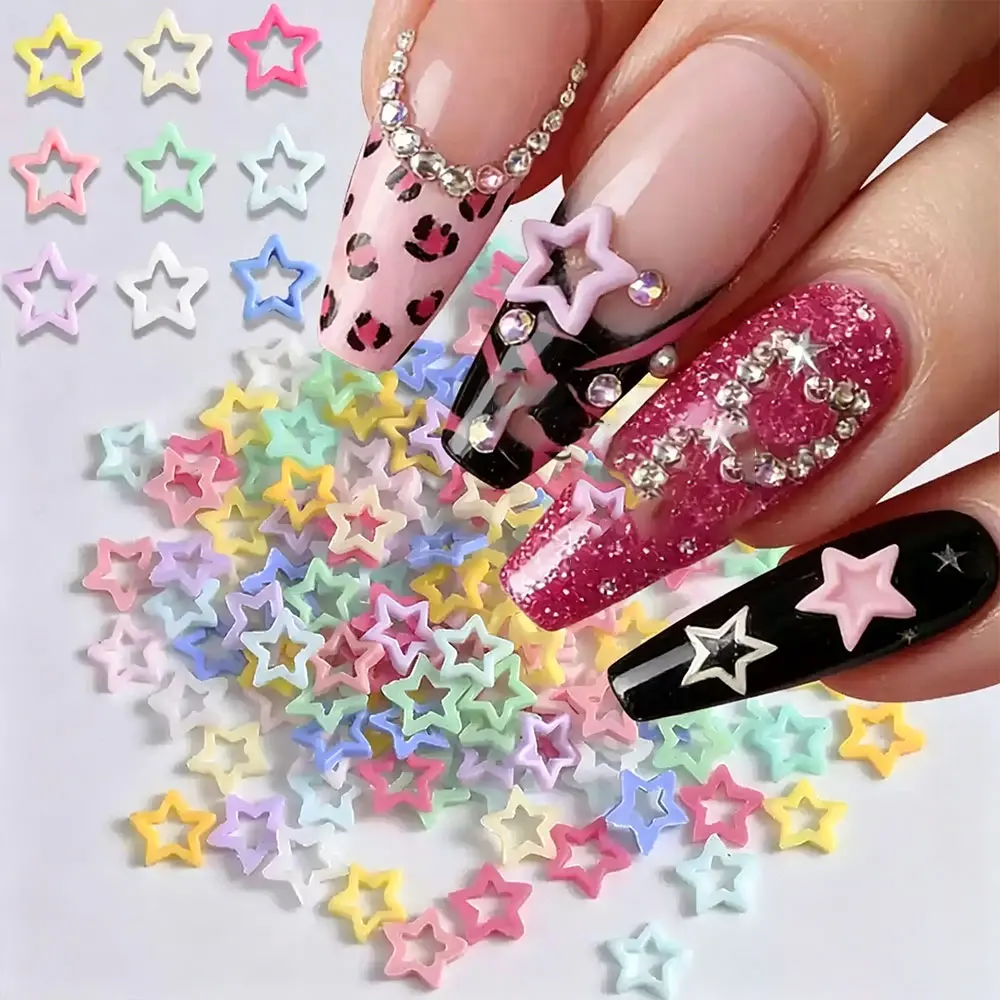 50/100Pcs Candy Color 8mm Hollow Star Nail Charms 3D Resin Kawaii Pentagram Nail Decorations DIY Y2K Style Manicure Accessories