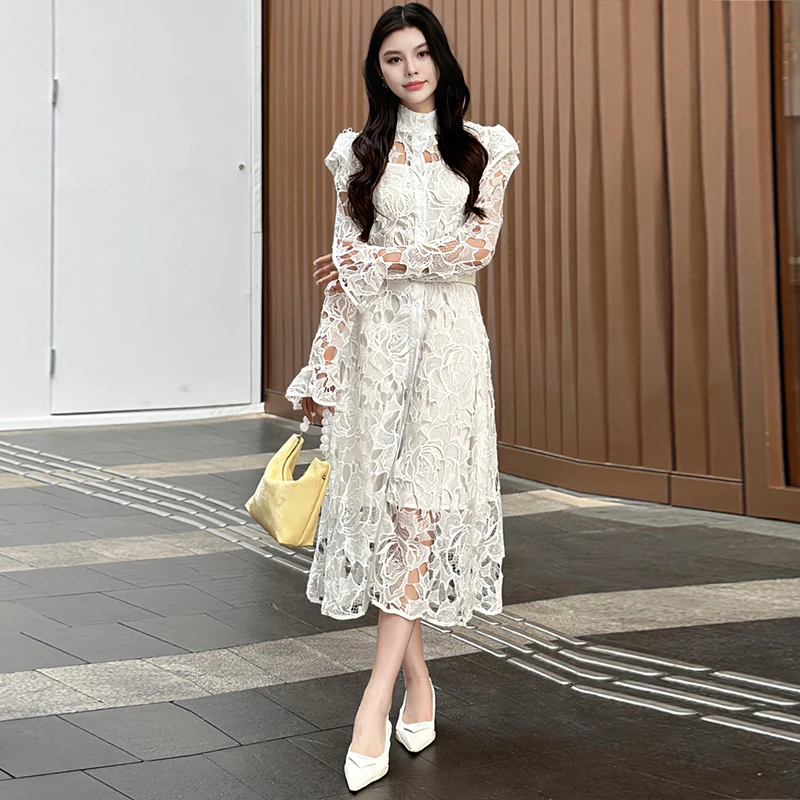 High Quality Women Spring Summer Lace Fashion Mature Water Soluble Openwork Single Breasted Long Sleeve With Belt Party Dresses