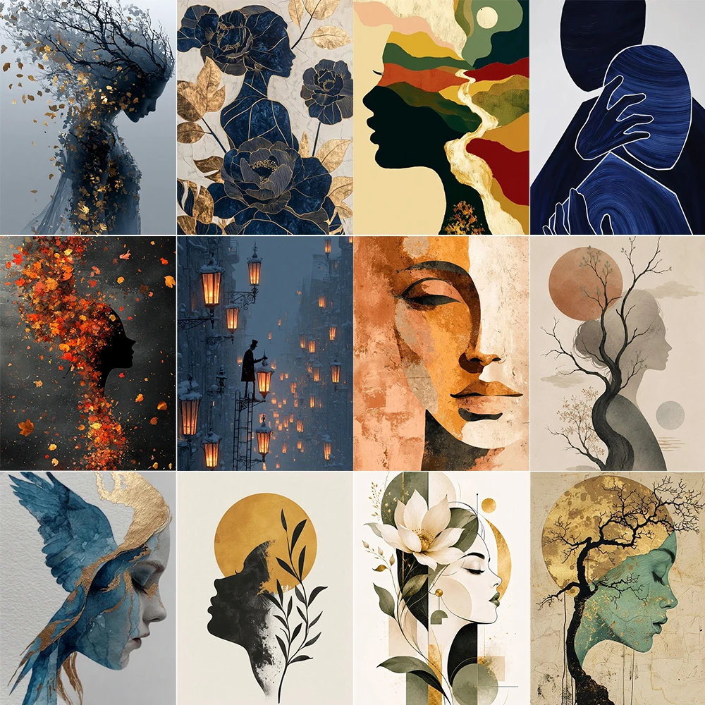 Abstract Women Wall Art Prints Canvas Painting Poster Flower Tree Girl Picture for Living Bedroom Dining Room Home Decorations
