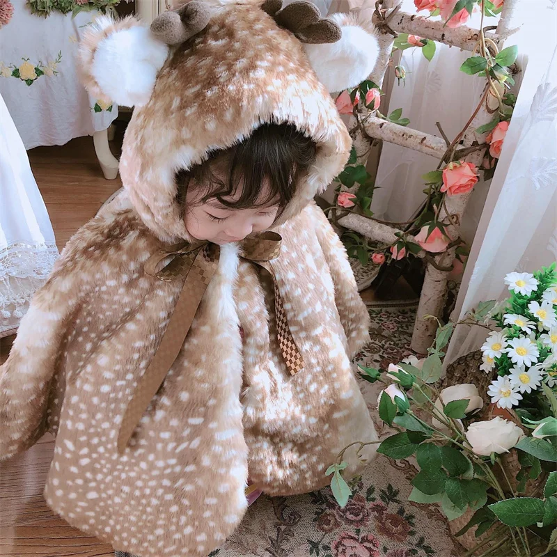 Girls Shawl Coat Jacket Outerwear 2022 Warm Deer Thicken Velvet Hairy Winter Autumn  Christmas Gift Children\'s Clothing