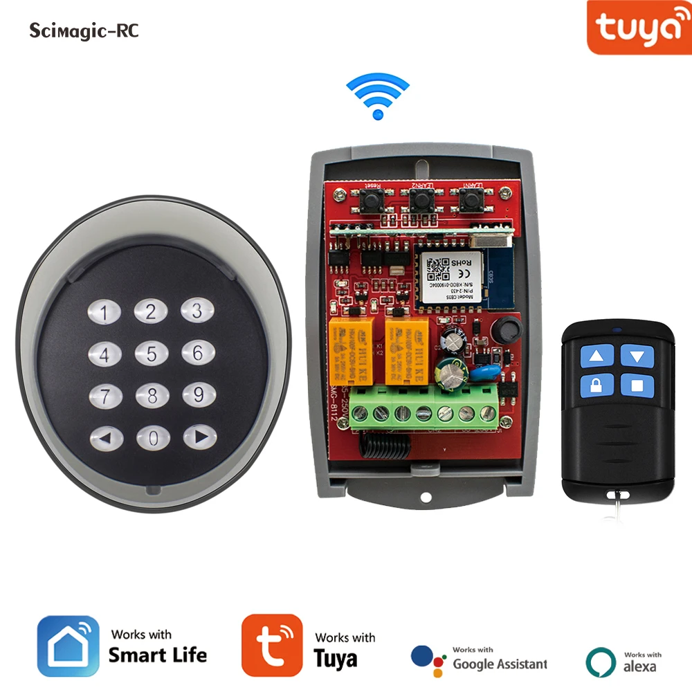 

Rolling Code Keypad,Garage Door Opener with Remote Control, WIFI Gate Receiver Tuya 2CH, 433MHz Transmitter Alexa