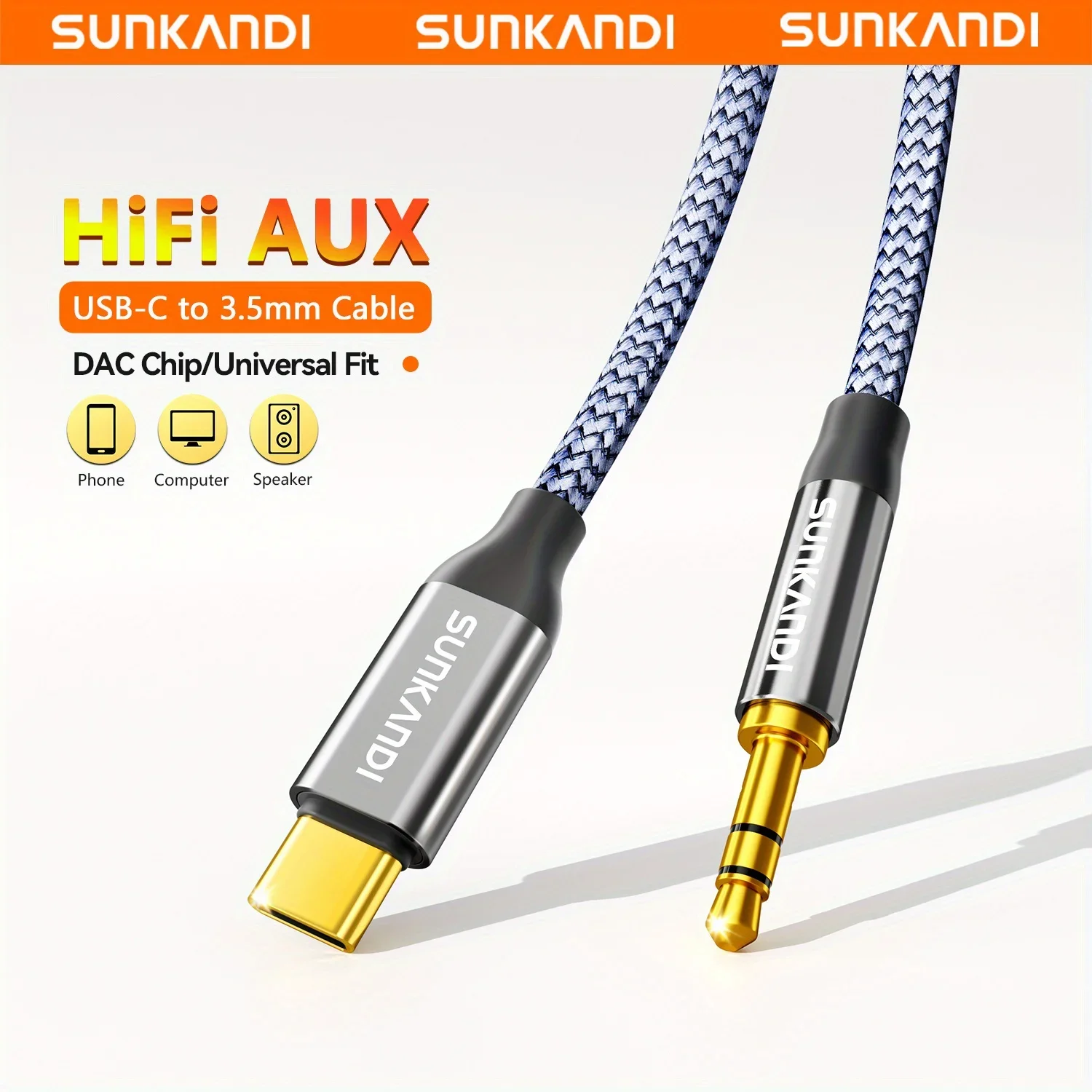 كابل سماعة رأس SUNKANDI USB C إلى 3.5 ملم، سلك صوت ستيريو لسماعات الرأس من النوع C إلى 3.5 ملم لهاتف iPhone 16 15، Samsung Galaxy S24