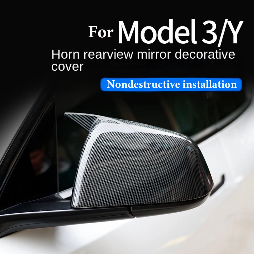 Left Right For Tesla Model 3/Y Carbon Fiber Black Car Horn Style Rearview Side Mirror Cover Caps car-styling